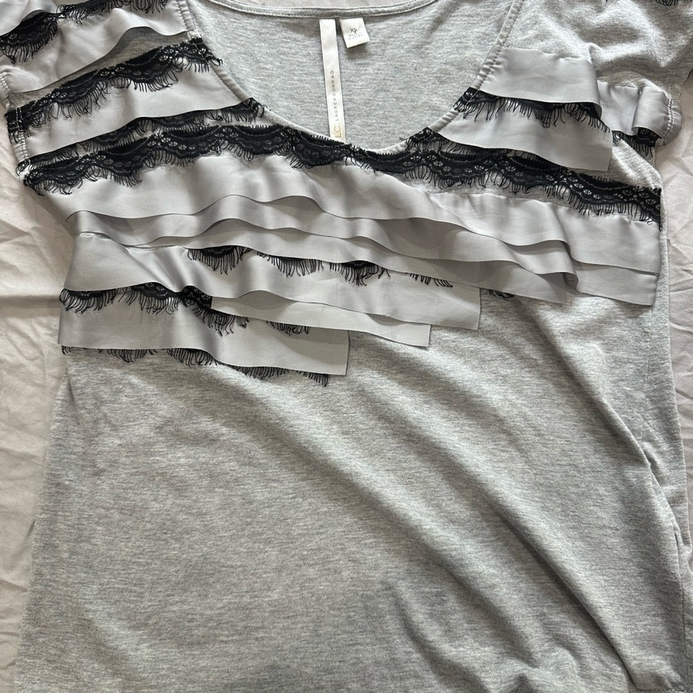 LC Lauren Conrad Gray and Black Ruffled Blouse